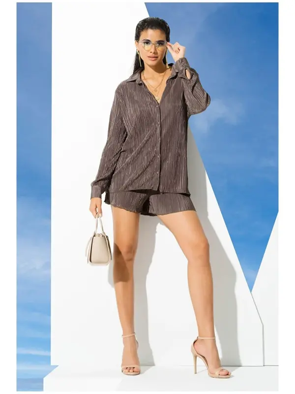 2-Piece Pleated Shirt Shorts Green Set-Green - 3