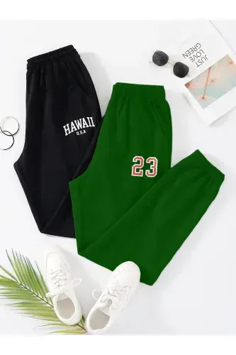 2-Piece Printed Jogger Sweatpants - Black and Teal Green Elastic Hem High Waist Summer-Black Teal Print - 1