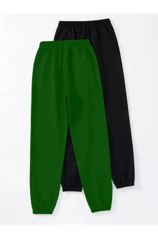 2-Piece Printed Jogger Sweatpants - Black and Teal Green Elastic Hem High Waist Summer-Black Teal Print - 2