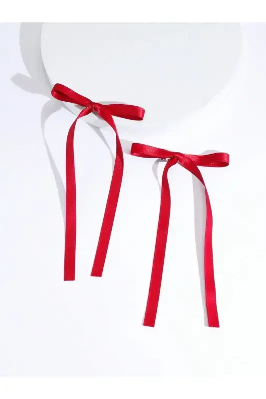 2-Piece Satin Bow Barrette - Red - 3
