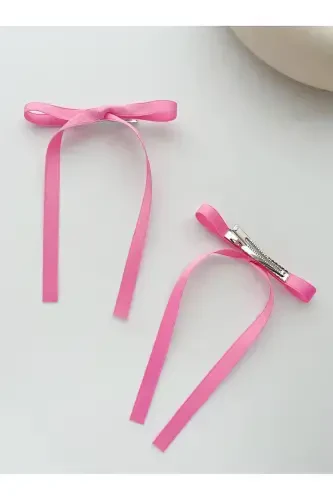 2-Piece Satin Bow Hair Clip - fuchsia - 3