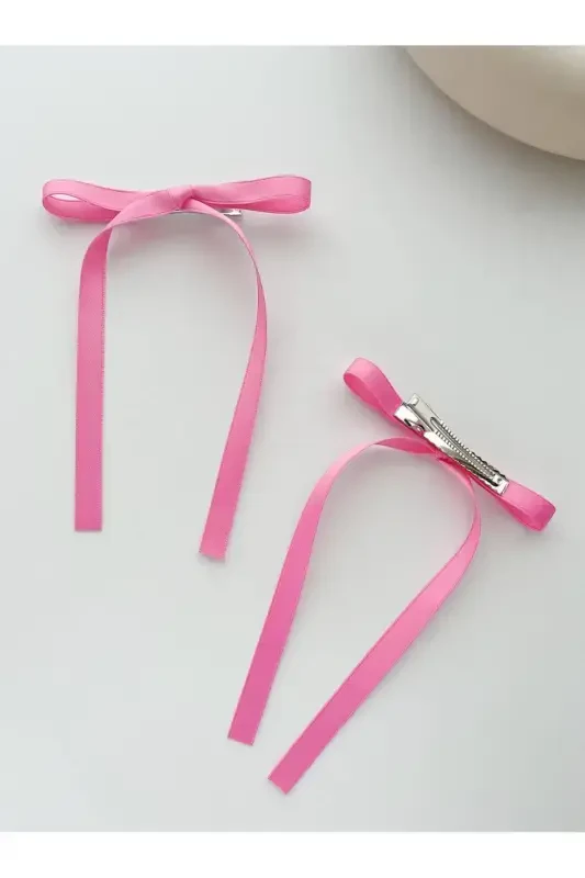 2-Piece Satin Bow Hair Clip - fuchsia - 3