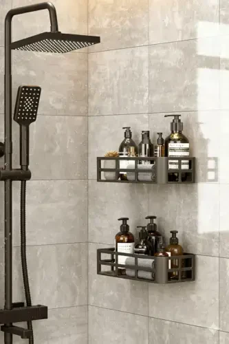 2-Piece Set Bathroom Shower Shelf Shampoo Soap Holder Black ADHESIVE Shower Organizer Waterproof Plastic - 1