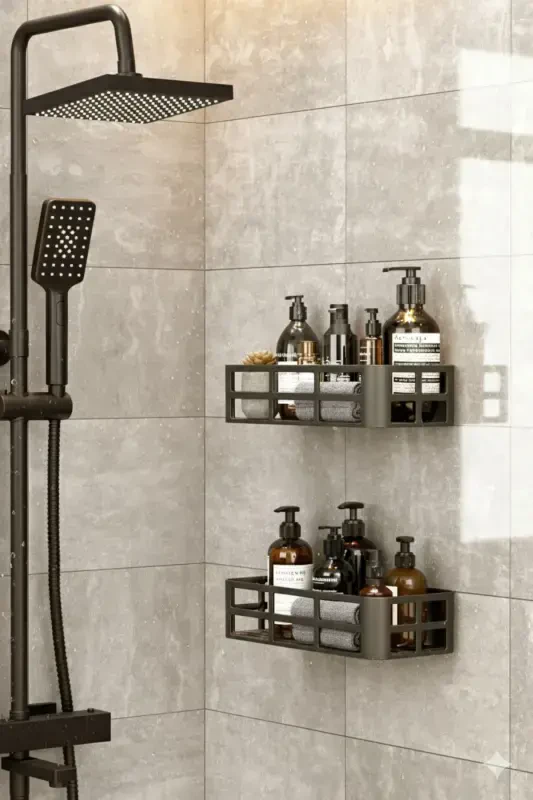 2-Piece Set Bathroom Shower Shelf Shampoo Soap Holder Black ADHESIVE Shower Organizer Waterproof Plastic - DEYHOME