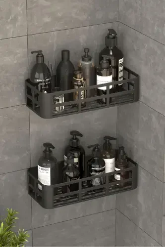 2-Piece Set Bathroom Shower Shelf Shampoo Soap Holder Black ADHESIVE Shower Organizer Waterproof Plastic - 3