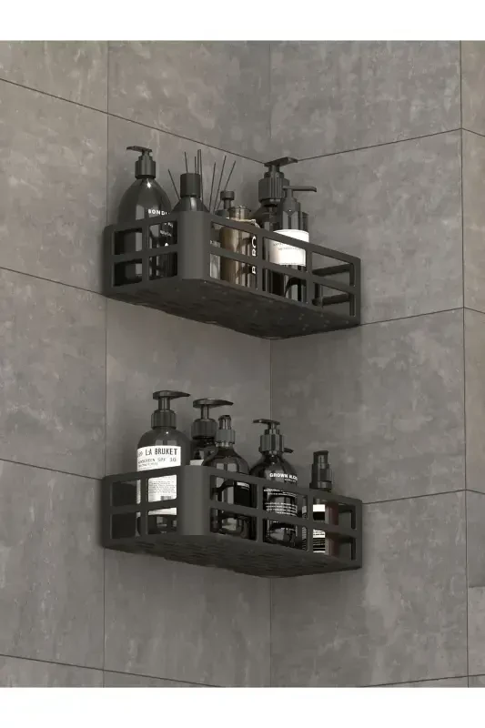 2-Piece Set Bathroom Shower Shelf Shampoo Soap Holder Black ADHESIVE Shower Organizer Waterproof Plastic - 4