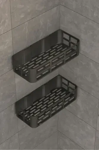 2-Piece Set Bathroom Shower Shelf Shampoo Soap Holder Black ADHESIVE Shower Organizer Waterproof Plastic - 5