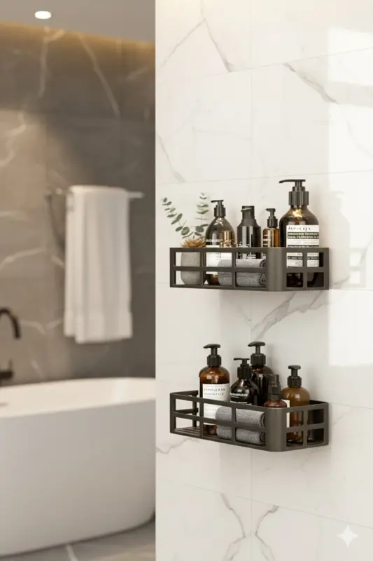 2-Piece Set Bathroom Shower Shelf Shampoo Soap Holder Black ADHESIVE Shower Organizer Waterproof Plastic - 2