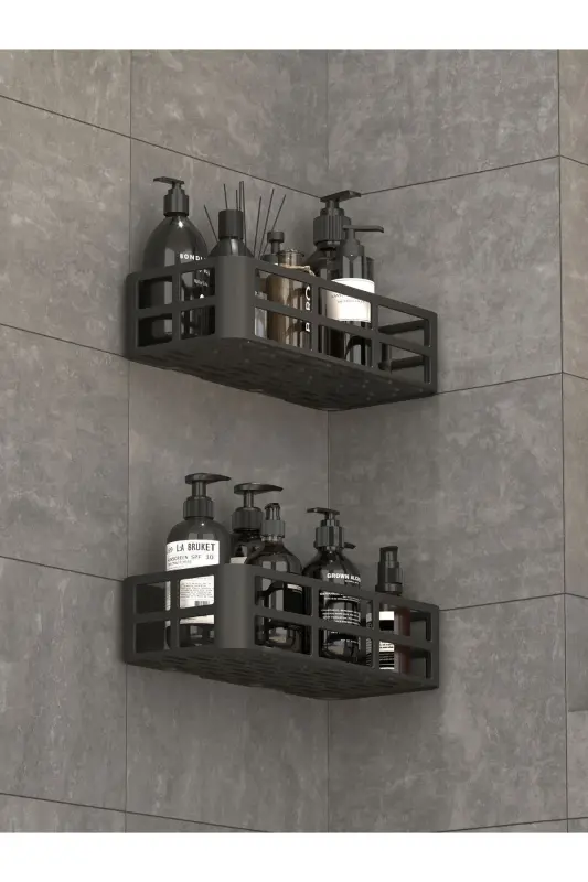 2-Piece Set Bathroom Shower Shelf Shampoo Soap Holder Black ADHESIVE Shower Organizer Waterproof Plastic - 4