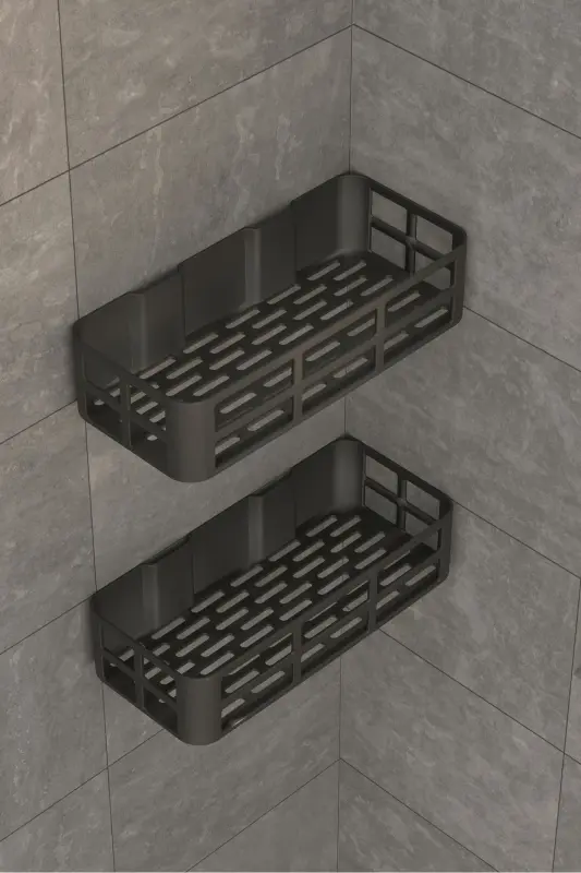 2-Piece Set Bathroom Shower Shelf Shampoo Soap Holder Black ADHESIVE Shower Organizer Waterproof Plastic - 5