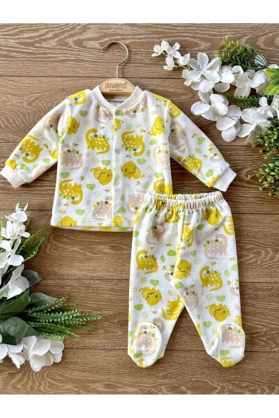2-piece Velvet Winter Baby Onesie with Booties, Yellow Dinosaur - RENKLI PUSET