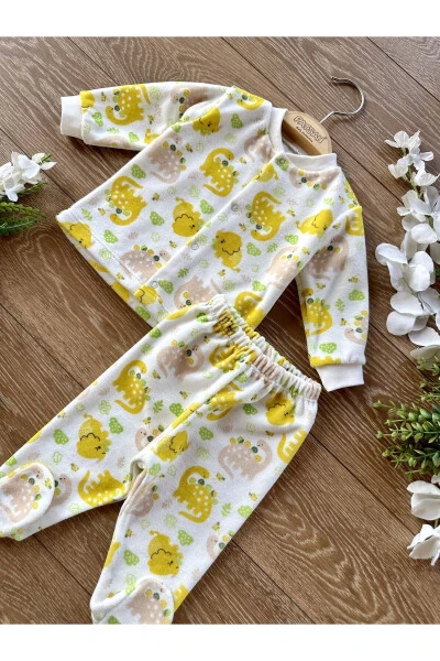 2-piece Velvet Winter Baby Onesie with Booties, Yellow Dinosaur - RENKLI PUSET (1)