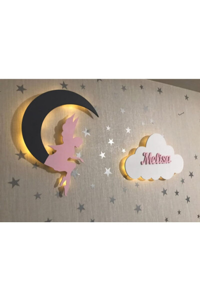 2 Piece Wall Decoration Fairy Girl Moon and Name Cloud Night Light Baby Kids Room Decoration - 1