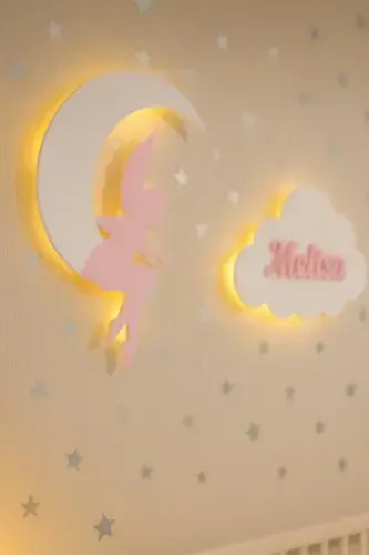 2 Piece Wall Decoration Fairy Girl Moon and Name Cloud Night Light Baby Kids Room Decoration - 1