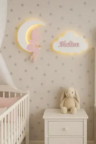 2 Piece Wall Decoration Fairy Girl Moon and Name Cloud Night Light Baby Kids Room Decoration - 3