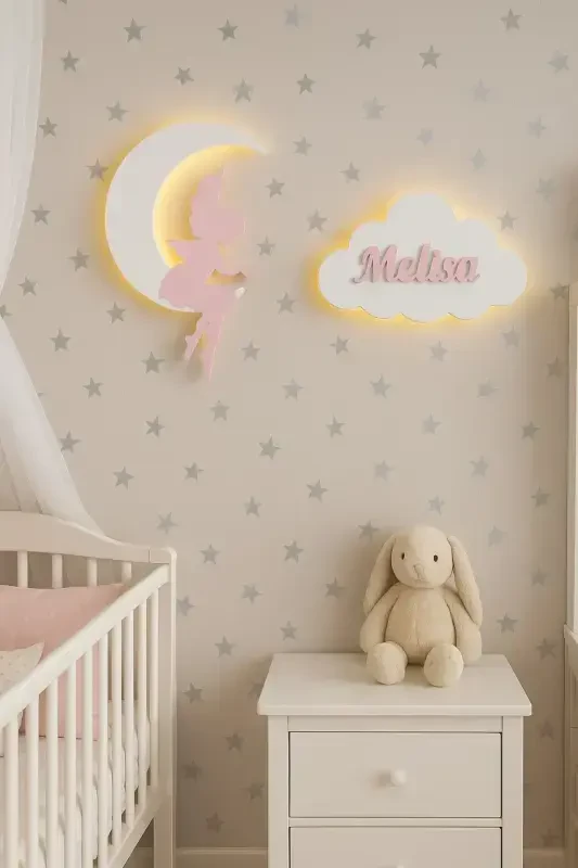 2 Piece Wall Decoration Fairy Girl Moon and Name Cloud Night Light Baby Kids Room Decoration - 3