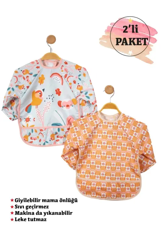 2-Piece Wearable Long Sleeve Pocketed Waterproof Stain Resistant Feeding and Activity Bib (0-2 Years) - LULLABEE