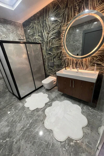 2-Piece White Bathroom Rug Set Plush Shaggy Rug Toilet Set (80x80 and 100x100) - TROPIKAL HOME