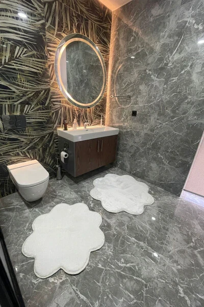 2-Piece White Bathroom Rug Set Plush Shaggy Rug Toilet Set (80x80 and 100x100) - TROPIKAL HOME (1)