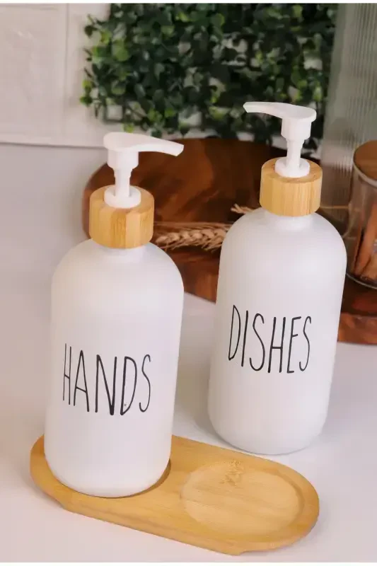 2-Piece White Kitchen Glass Liquid Soap Dispenser Set 500ml 500ml with Bamboo Stand - 2