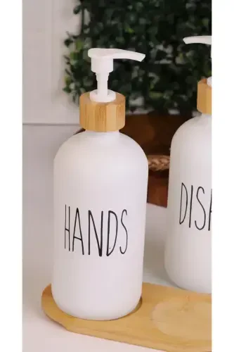 2-Piece White Kitchen Glass Liquid Soap Dispenser Set 500ml 500ml with Bamboo Stand - 3