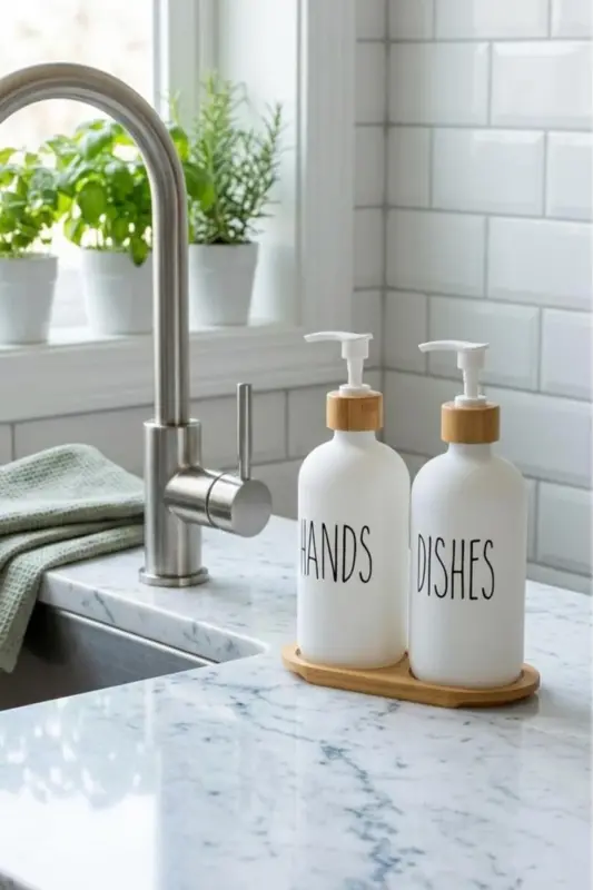 2-Piece White Kitchen Glass Liquid Soap Dispenser Set 500ml 500ml with Bamboo Stand - 4