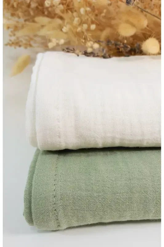 2 Pieces - 100x100 Cm - 100% Cotton 2 Ply - Muslin Baby Blanket - Ecru Celadon Green - 1