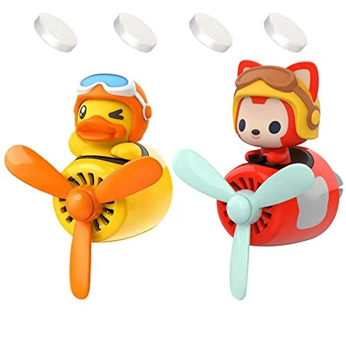 2 Pieces Car Air Fresheners, Cute Bear Pilot Car Diffuser, Propeller Air Outlet Vent Fresheners, Car Perfume Suitable for Car Interior Decoration (Duck+Fox) 