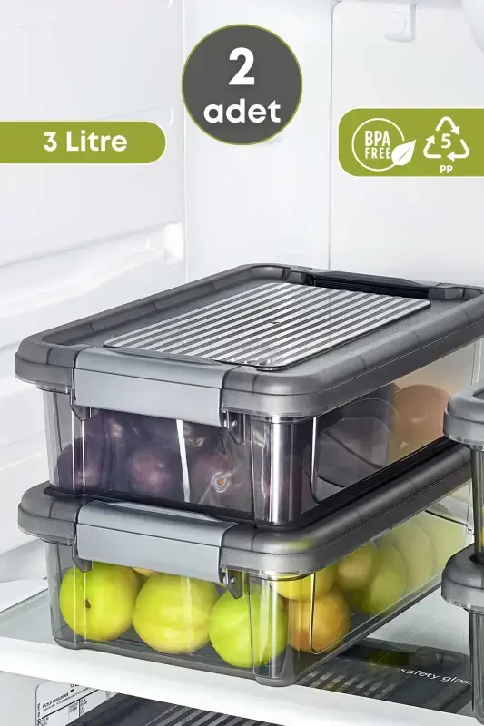 2 Pieces Locked Food Meat Mince Storage Container Refrigerator Organizer 3 Lt.-Deepfreeze-2'Li 3 LT - 1