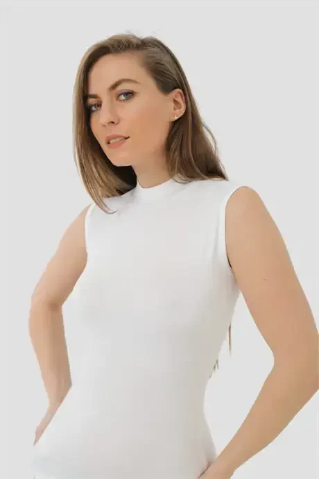 2 Pieces White Bamboo Women's Turtleneck Zero Sleeve Bodysuit Sleeveless Cami - 3