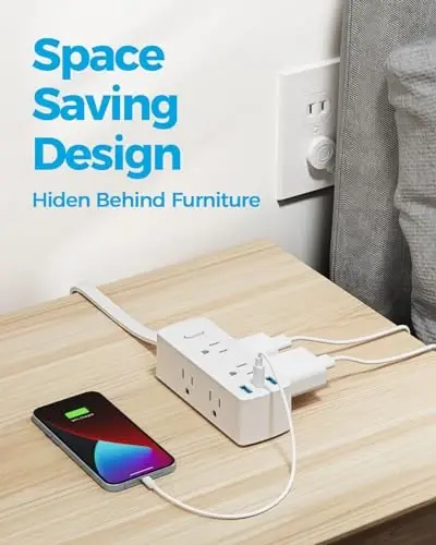 2 Prong Flat Plug Power Strip, Olcorife 2 Prong to 3 Prong Outlet Adapter, 5 FT Flat Extension Cord with 6 Outlets 3 USB Ports(1 USB C), 2000J Surge Protector, US to Japan Plug Adapter - 4