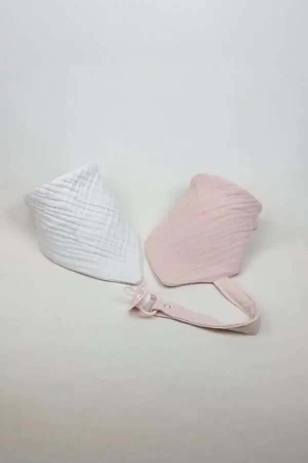 2-Ply 100% Cotton 8-Layer Muslin Pacifier Clip Baby Girl Boy Drool & Feeding Bib *Pink*White - 2