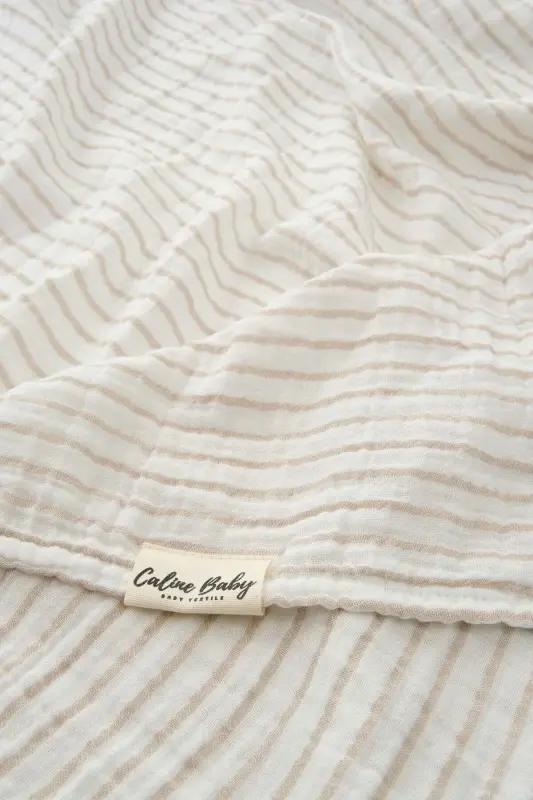 2 Qavat Chiziqli Muslin Choyshab 30/10 - 120x120 Sm Bej-Bej - CALINE BABY