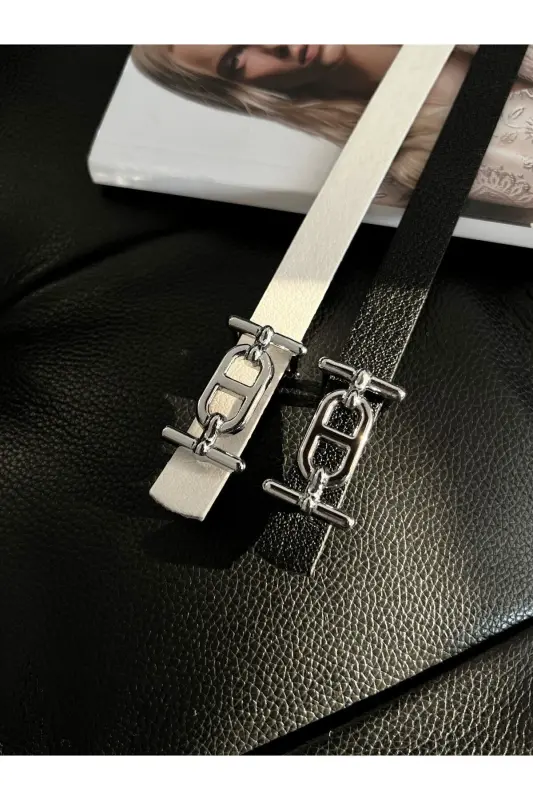 2-Row Silver Buckle Skinny Belt, Pants Belt, Shirt Belt, Jacket Belt-Mixed - 2