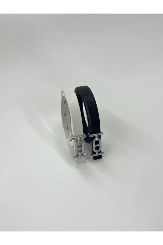 2-Row Silver Buckle Skinny Belt, Pants Belt, Shirt Belt, Jacket Belt-Mixed - 5