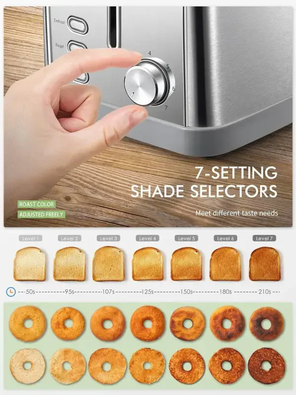 2 slice toaster, Retro Bagel Toaster with 7 Bread Shade Settings, 2 Extra Wide Slots, Defrost/Bagel/Cancel Function, Removable Crumb Tray, Stainless Steel Toaster by Yabano, Silver - 4