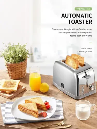 2 slice toaster, Retro Bagel Toaster with 7 Bread Shade Settings, 2 Extra Wide Slots, Defrost/Bagel/Cancel Function, Removable Crumb Tray, Stainless Steel Toaster by Yabano, Silver - 7