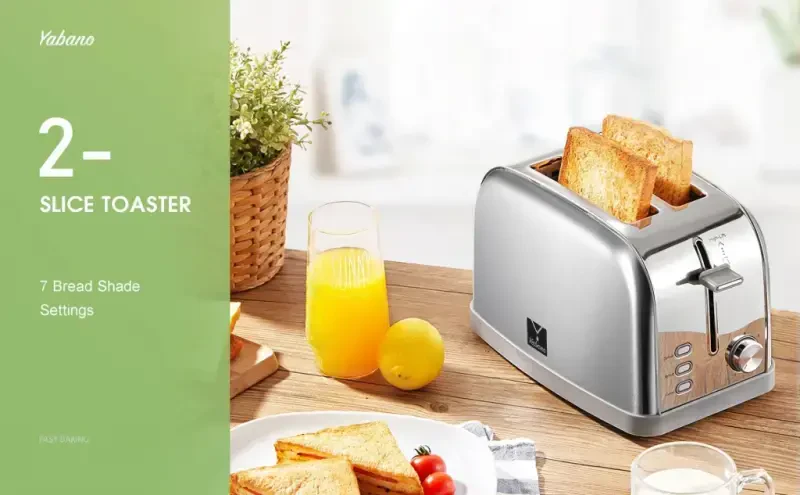 2 slice toaster, Retro Bagel Toaster with 7 Bread Shade Settings, 2 Extra Wide Slots, Defrost/Bagel/Cancel Function, Removable Crumb Tray, Stainless Steel Toaster by Yabano, Silver - 10