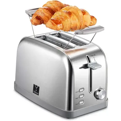 2 slice toaster, Retro Bagel Toaster with 7 Bread Shade Settings, 2 Extra Wide Slots, Defrost/Bagel/Cancel Function, Removable Crumb Tray, Stainless Steel Toaster by Yabano, Silver - 11
