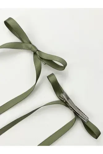 2 шт. атласные ленты для волос с бантом - хаки - CSR AKSESUAR (1)
