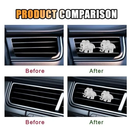 2 шт. Кристаллическая бриллиантовая автомобильная вентиляционная клипса, Фильтр с подвесками Elephant Bling Crystal Car Air Vent, Освежитель воздуха для автомобиля, Блестящие декоративные аксессуары для салона автомобиля для женщин и девочек - 3