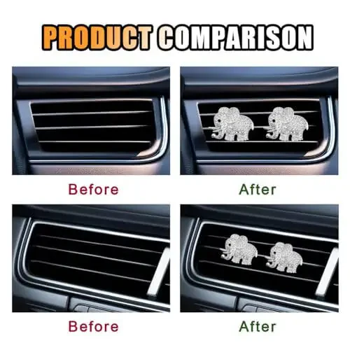 2 шт. Кристаллическая бриллиантовая автомобильная вентиляционная клипса, Фильтр с подвесками Elephant Bling Crystal Car Air Vent, Освежитель воздуха для автомобиля, Блестящие декоративные аксессуары для салона автомобиля для женщин и девочек - 3