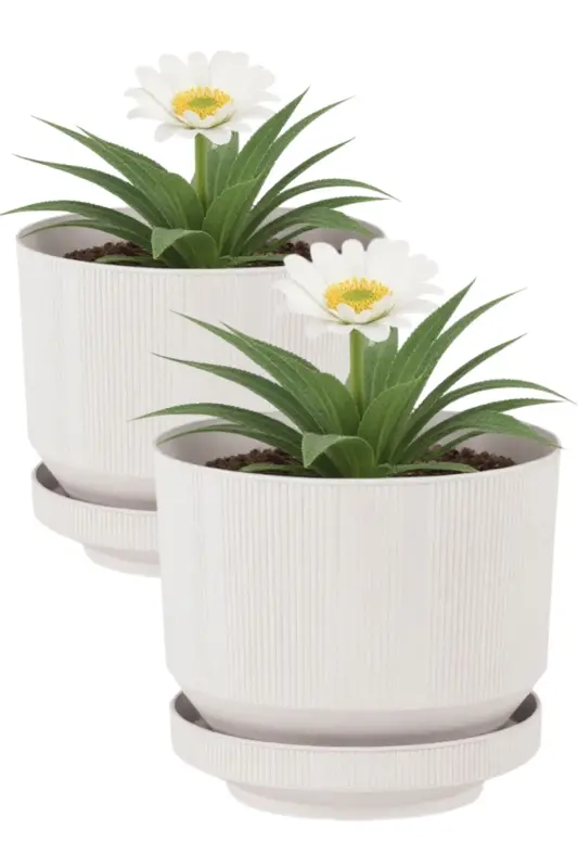 2 шт. по 6 литров Декоративный роскошный горшок для растений внутри и снаружи помещений с поддоном, набор пластиковых горшков для цветов 22,5 * 18,5 см. - КАМЕННЫЙ БЕЛЫЙ 2 ШТ. - 1