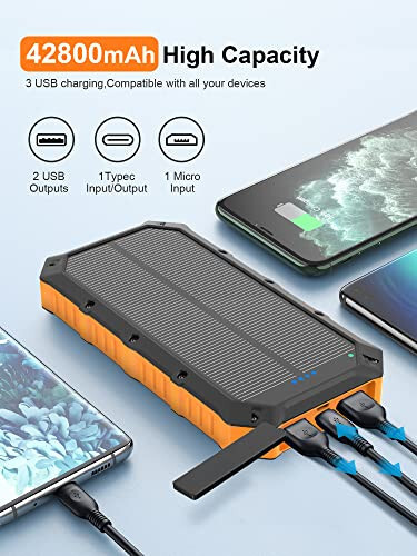 2 шт. Солнечная Power Bank 49800mAh + Портативный солнечный зарядный 42800mAh с портом USB-C / LED-фонарик для кемпинга, путешествий, активного отдыха - 4