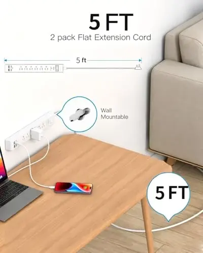 2 ta Paket Tizim Tarmoq, 5FT Uzatma Kord, 6 ta Rozetka va 4 ta USB Portli (2 ta USB C) Kuchlanish Himoyachisi, Yassi Shteker Ortiqcha Yukdan Himoya, Bir nechta Rozetkali Uzatma Kord, Uy Yotoqxonasi Kolleji uchun Devorga O'rnatish - 5