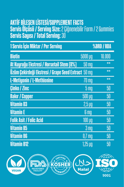 2 ta Vegan Soch va Tirnoq Vitamini Chaynab Olinadigan Gummy Biotin 5000, Vitamin D, Folik Kislota, Ot Kuyrugi - 10