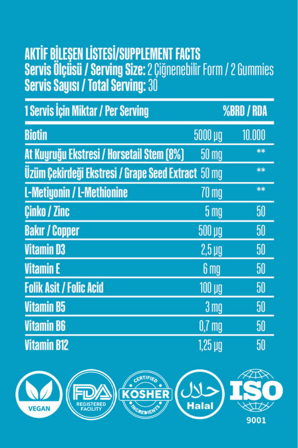 2 ta Vegan Soch va Tirnoq Vitamini Chaynab Olinadigan Gummy Biotin 5000, Vitamin D, Folik Kislota, Ot Kuyrugi - 10