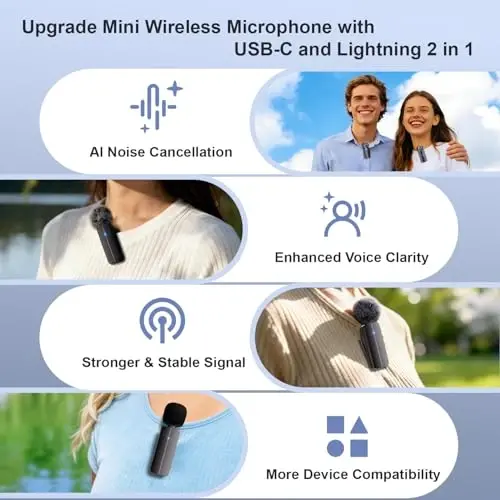 2 ta Wireless Mini Lavalier Yاقة Mikrofoni iPhone, Android Telefonlar (2 birida 1 ta) - 80 fut Simsiz Ikki tomonlama mikrafonlar shovqinni kamaytiruvchi xususiyatli 5 soat Ish vaqti Video yozuvlari, Vlog, YouTube, Suhbat - 2