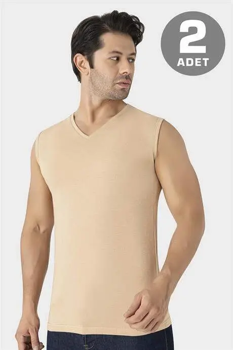 2 talik Ko'rinmas Atlet Erkak Tana Rangi V Yoqali Yengsiz Futbolka Paxta Likalik Elastik Yumshoq Mato - 1