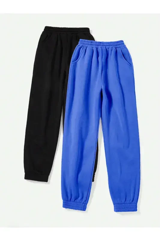 2 talikli Asosiy tekis Jogger sport shim - Qora va ko'k kauchuk etikli yuqori belli yozgi - Qora - Modazone